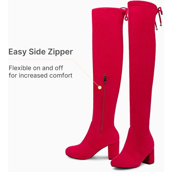 Women's Red Suede Chunky Heels Zipper Over The Knee High Adjustable Opening Boot - Picture 4 of 9